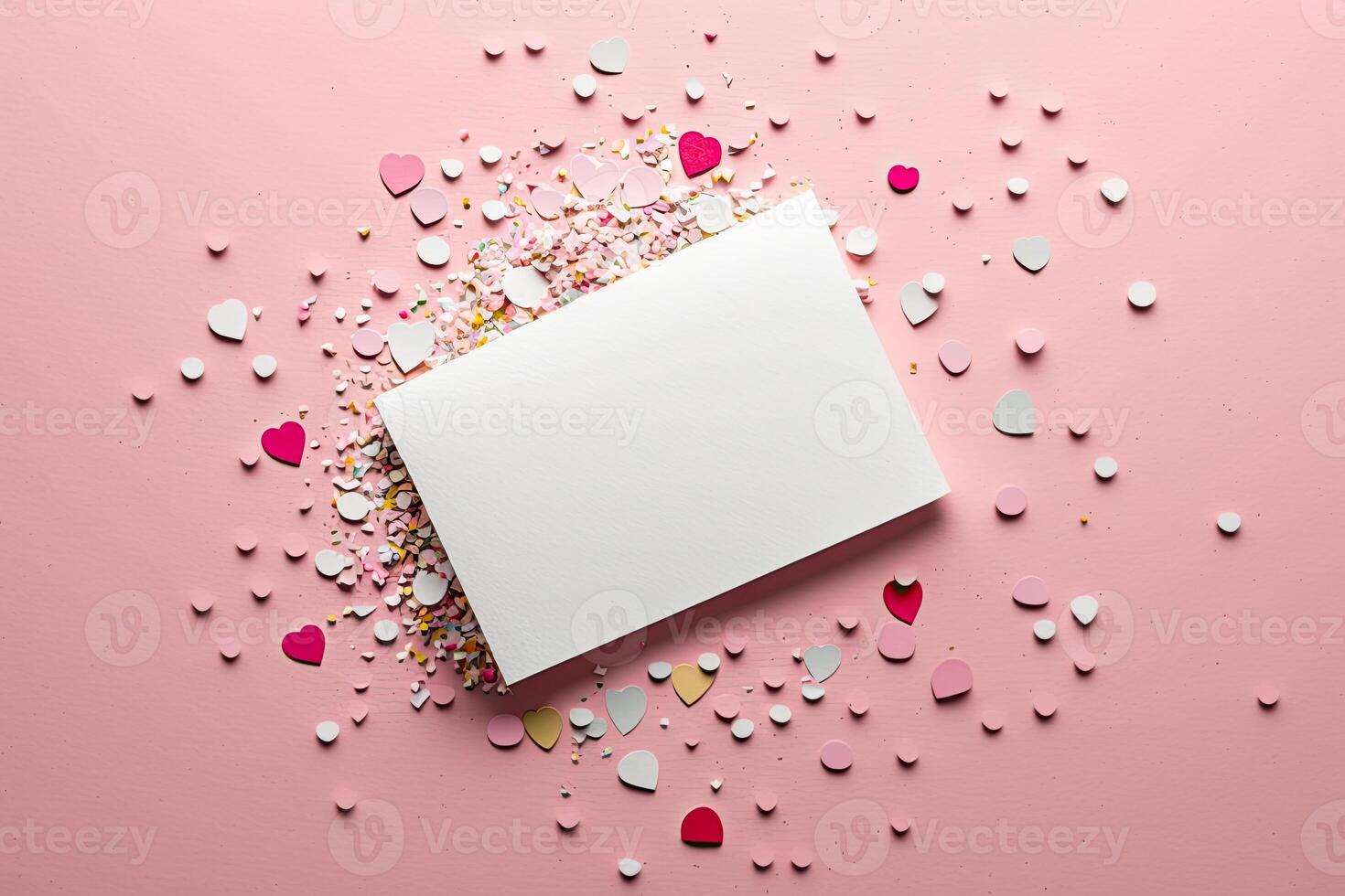 Blank paper card mock up on pink background with pink heart. Illustration photo