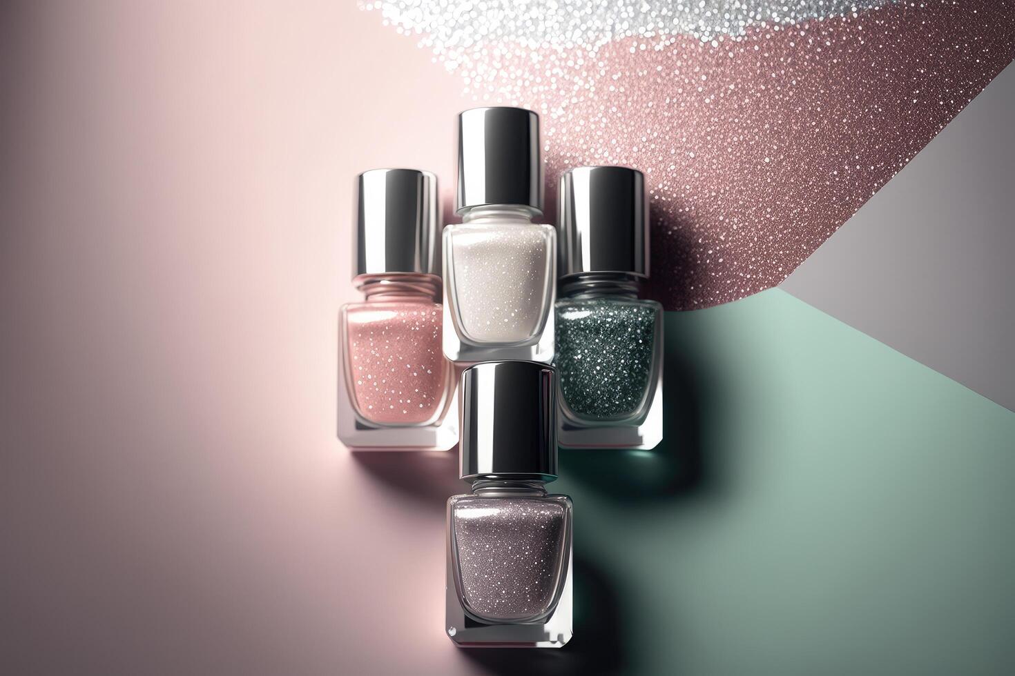 Trendy design template with nail polish glass bottles. Illustration photo