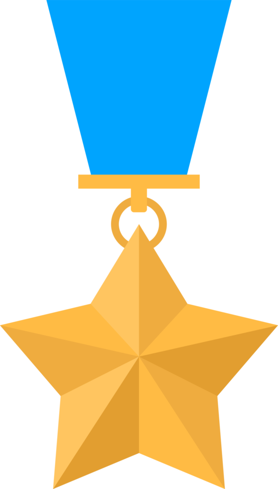 Gold star medal with blue ribbon png