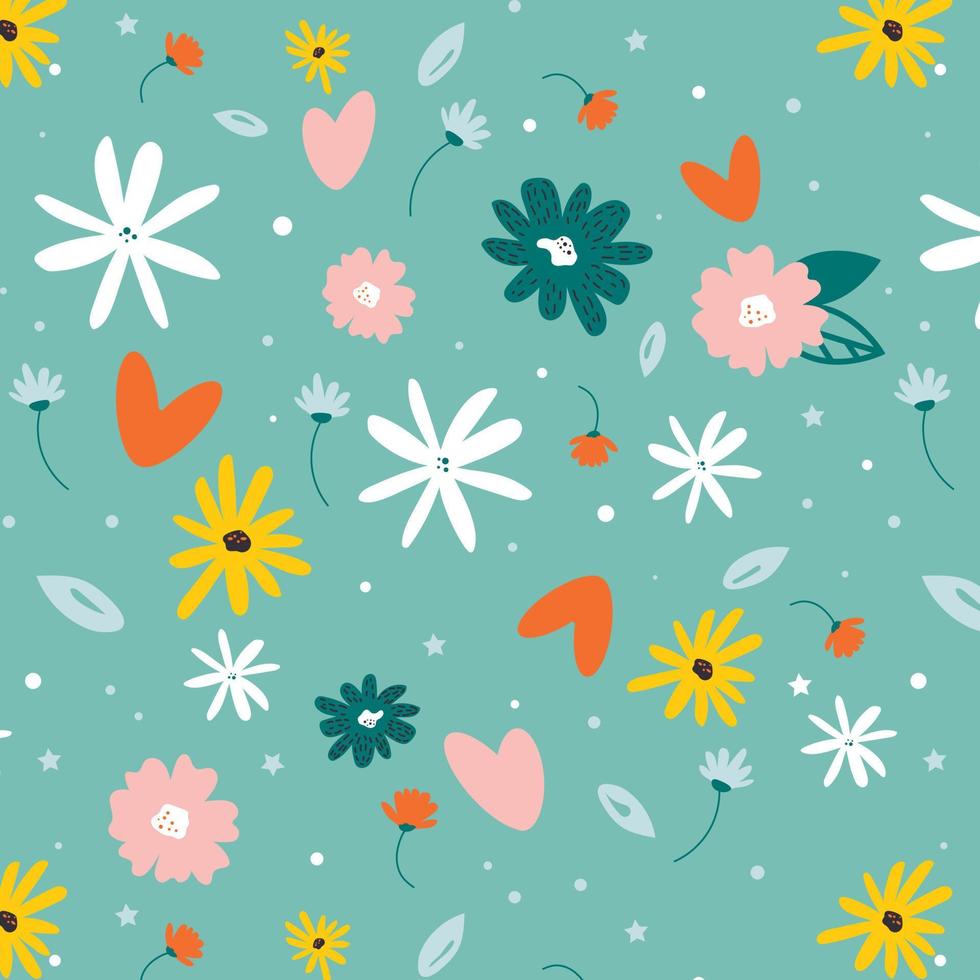 Spring floral seamless pattern. Cute bright flowers on  turquoise background. Botanical design for fashion, fabric, wallpaper, prints, packaging, textiles, clothing. Vector illustration