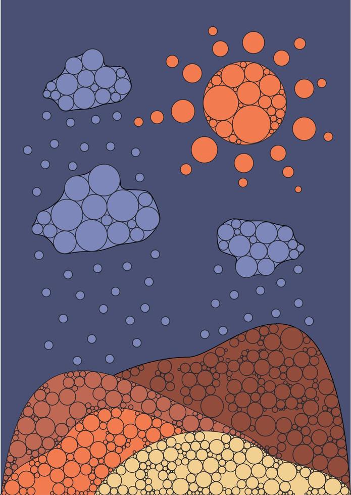 Abstract mountains landscape. Mountains, sun and rain. Ornamental texture with circles. Japanese style. vector