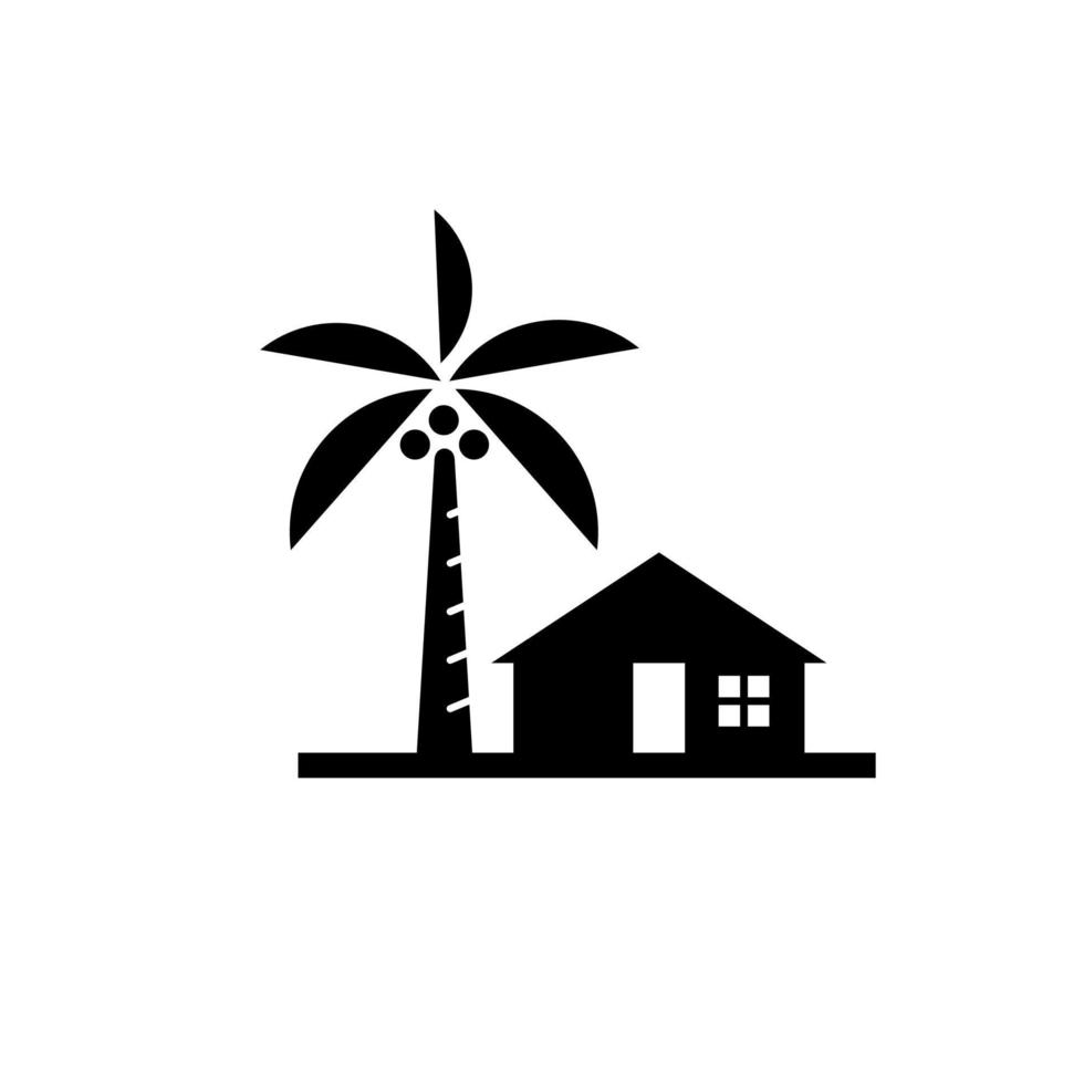 tropical beach house with palm coconut tree icon simple vector logo clip art in black silhouette isolated on white background