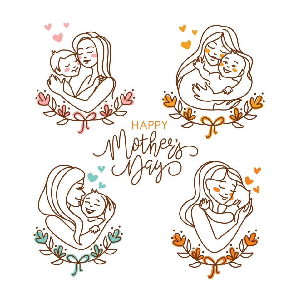 Mom hugs her baby. Happy mother's day. Greeting card. Vector