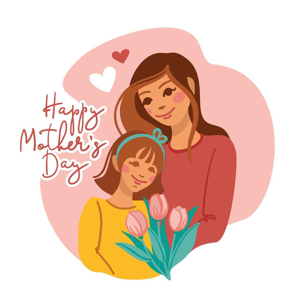 Mother and daughter holding a bouquet of tulips. Happy mother's day. Vector. vector