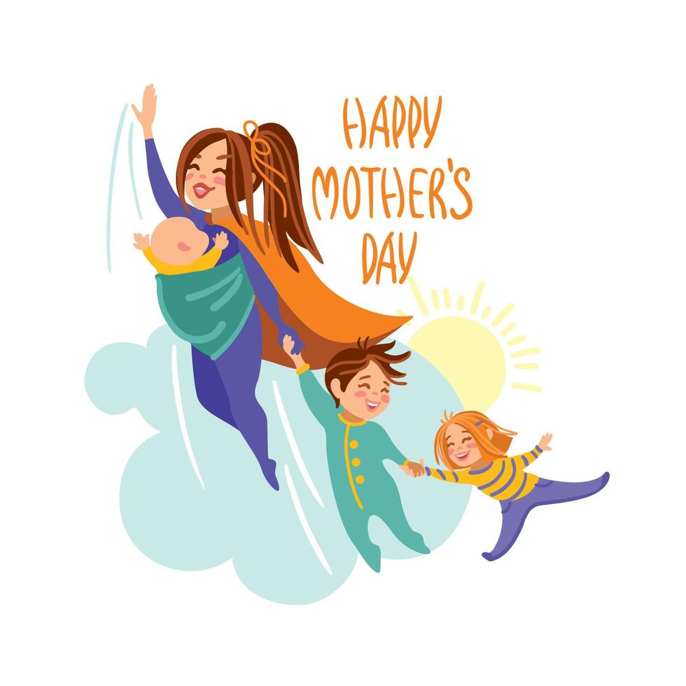 Mother's day. Super mom and her kids are flying in the sky. Funny illustration. Vector. vector