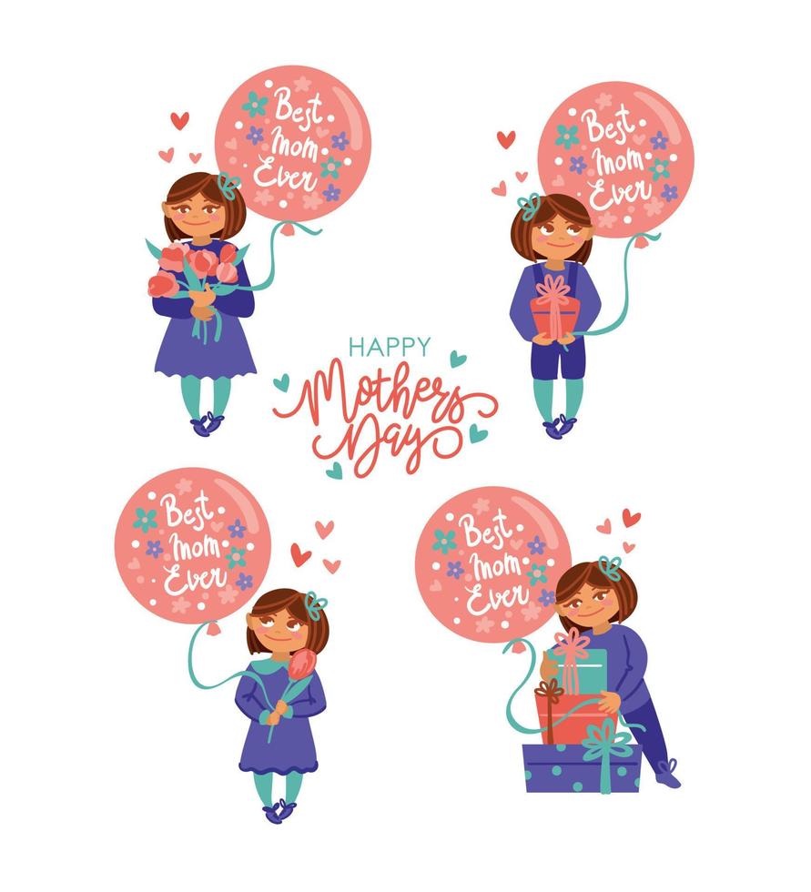 contento de la madre día. el niña preparación regalos para su su madre. conjunto de ilustración. vector. vector