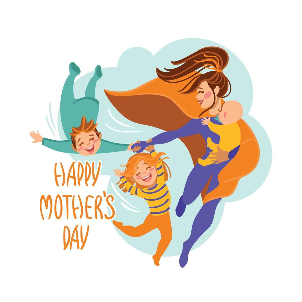 Mom in a superhero costume flies in the sky holding her children. Mothers Day. Greeting card. Vector illustration.