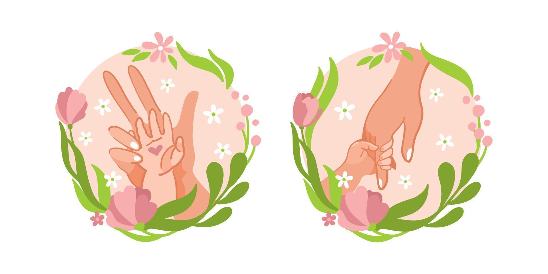 Mothers Day. Mother and child are holding hands. Nice sticker. Vector. vector