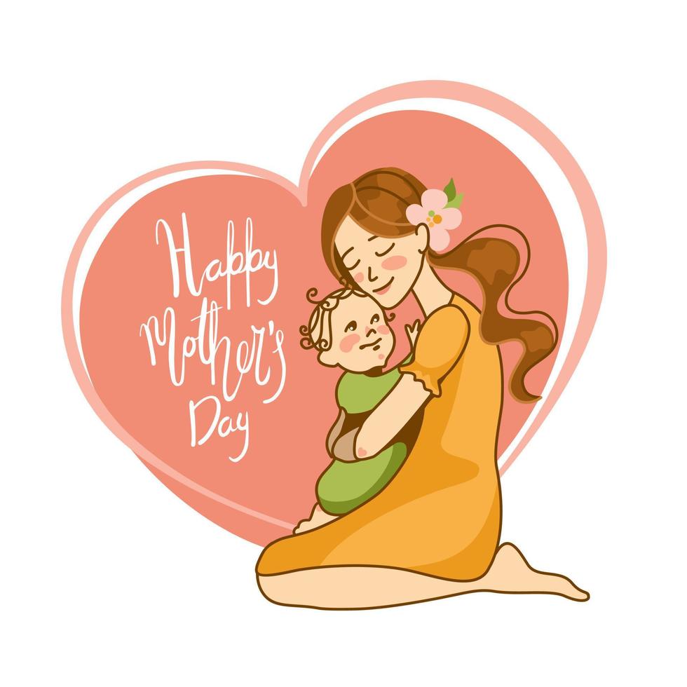 Smiling mother holding her baby in her arms. Greeting card. Mothers Day. Motherhood. Love. Vector. vector