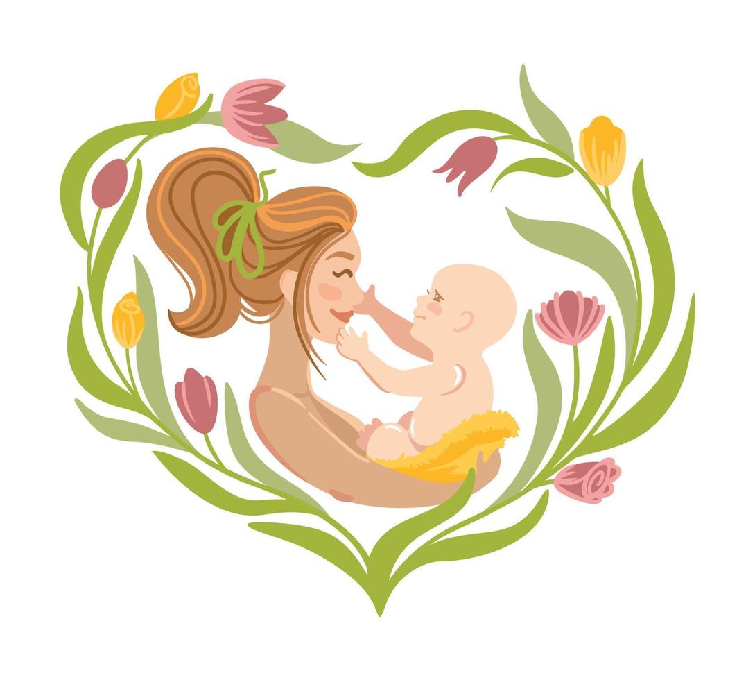 Smiling mother holding her baby in her arms. Greeting card. Mothers Day. Motherhood. Love. Vector. vector