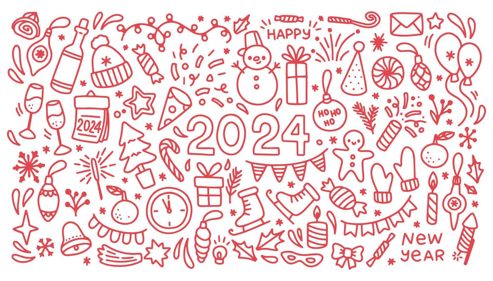 New year doodle vector set. Christmas party related objects and elements fireworks, countdown, party, etc. Red line vector illustration