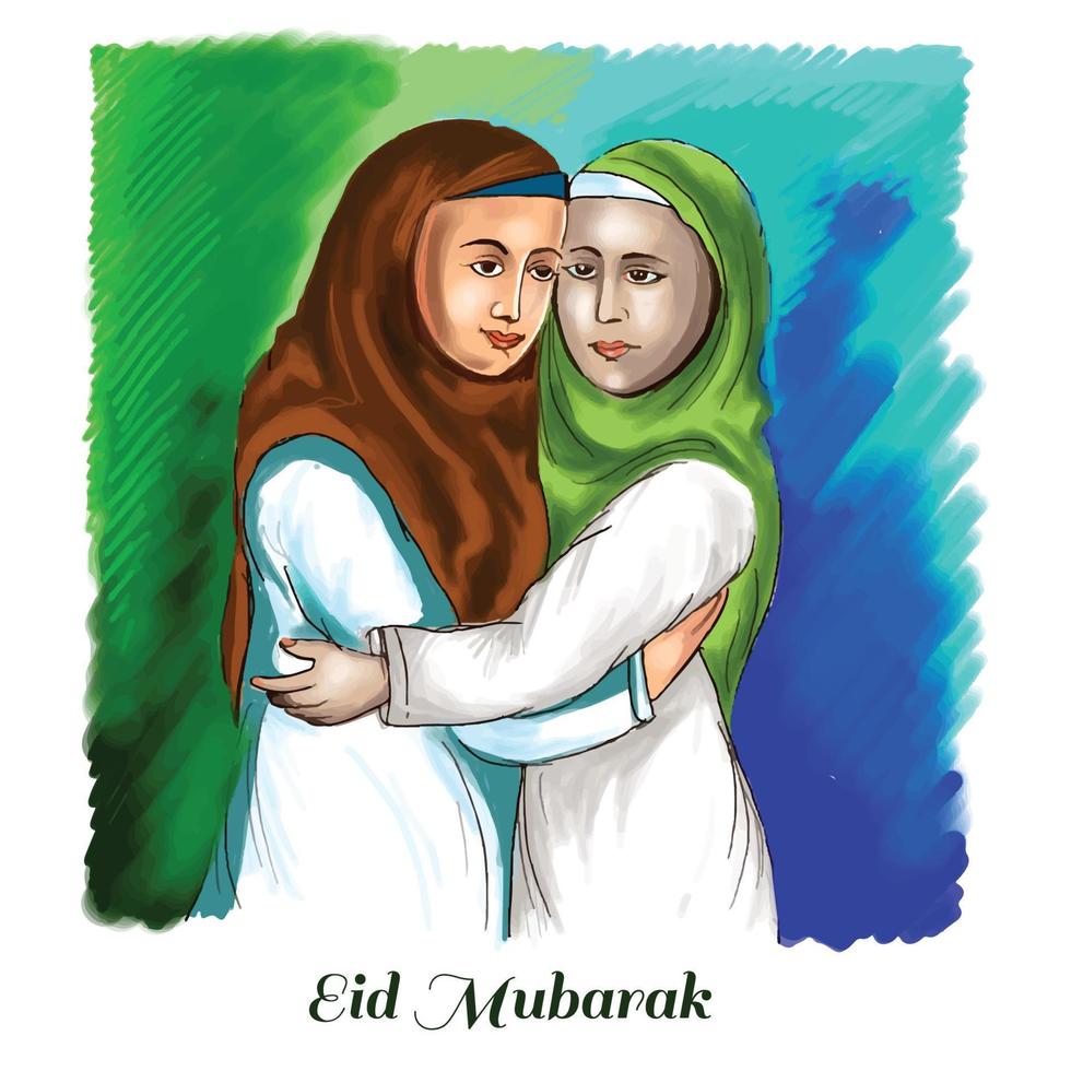 musulmán De las mujeres personas abrazando y deseando eid Mubarak celebracion antecedentes vector