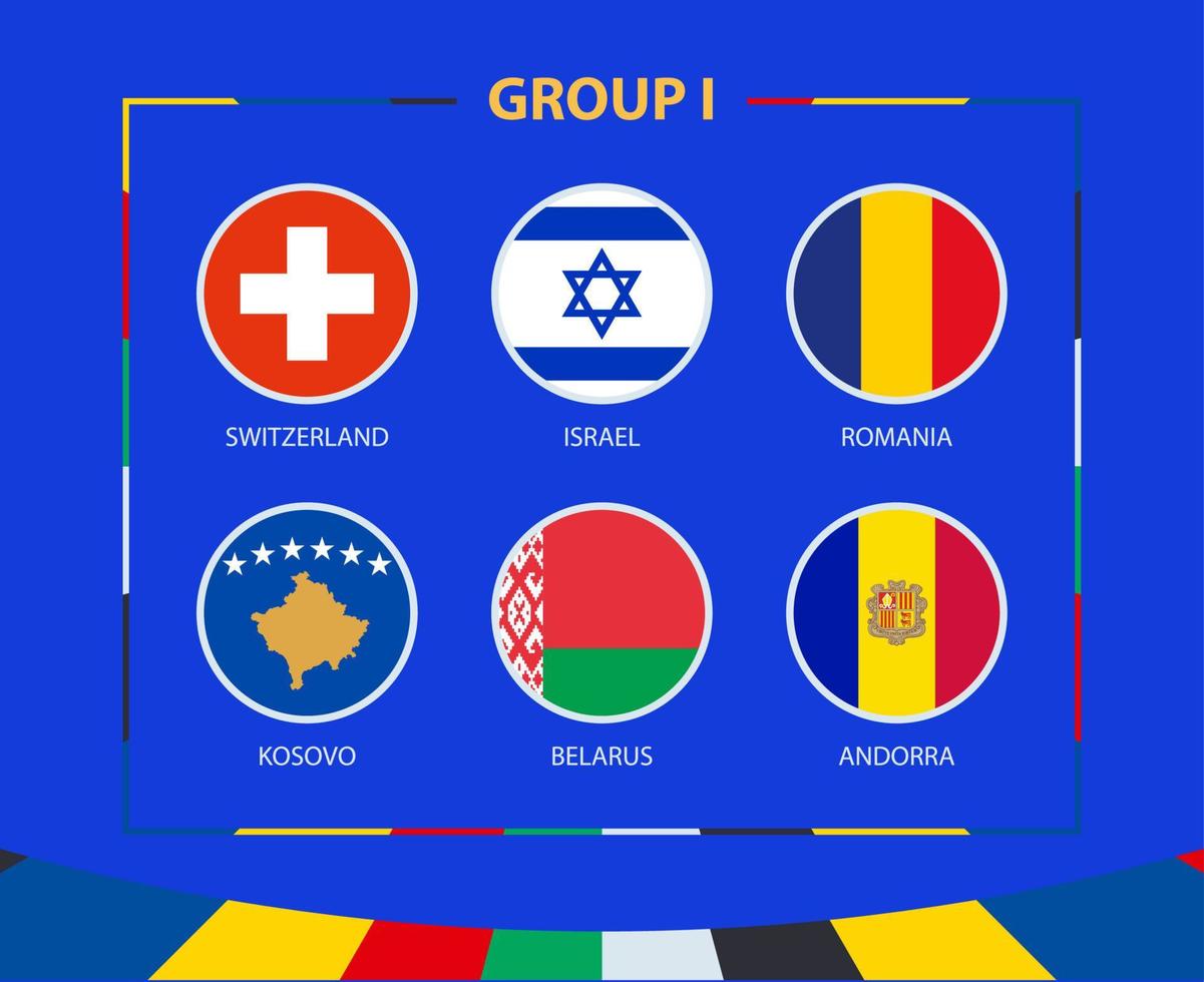 Circle flags of Group I. Participants of qualifying European football tournament 2024. vector