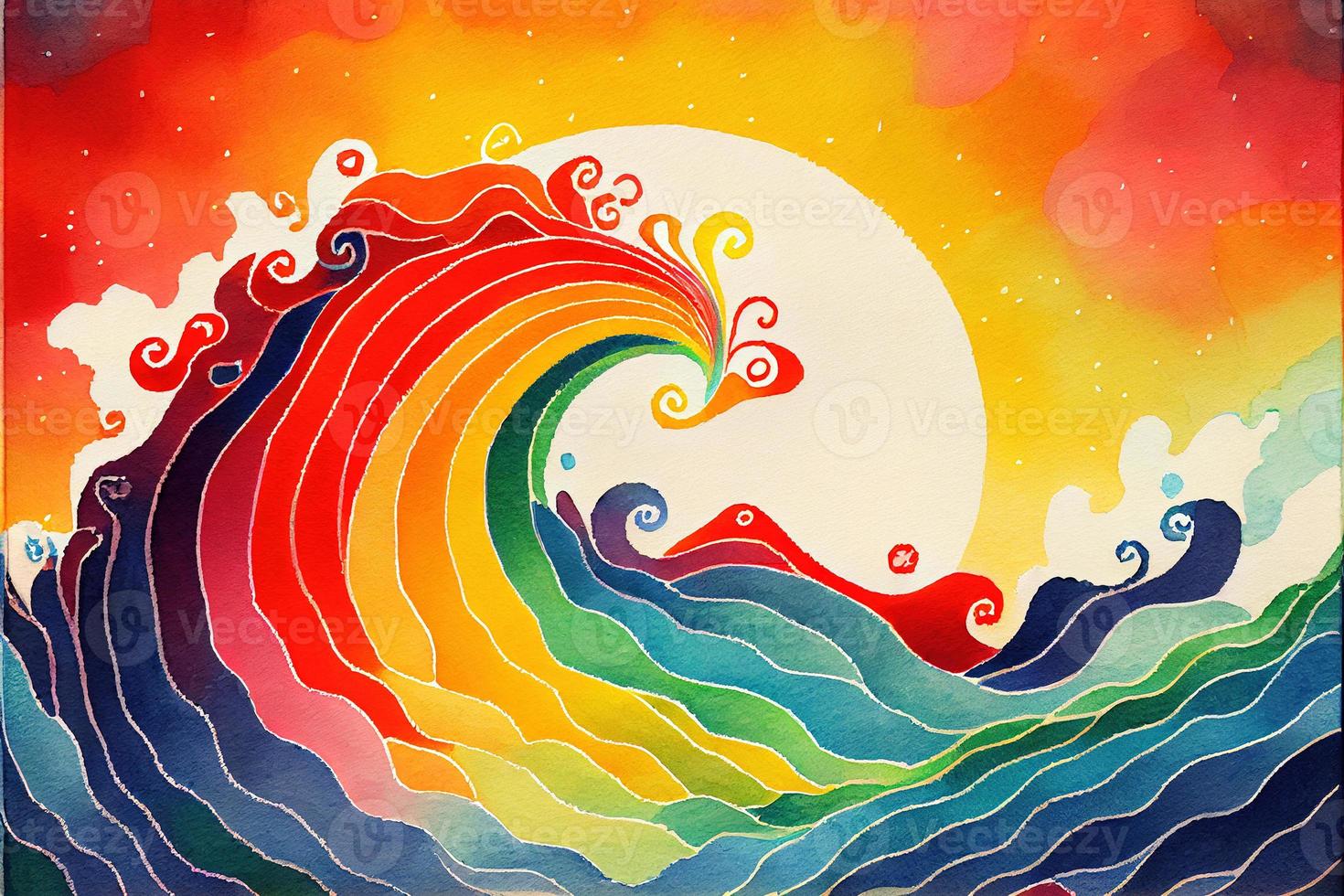 Rainbow wave watercolor background in kid style. photo