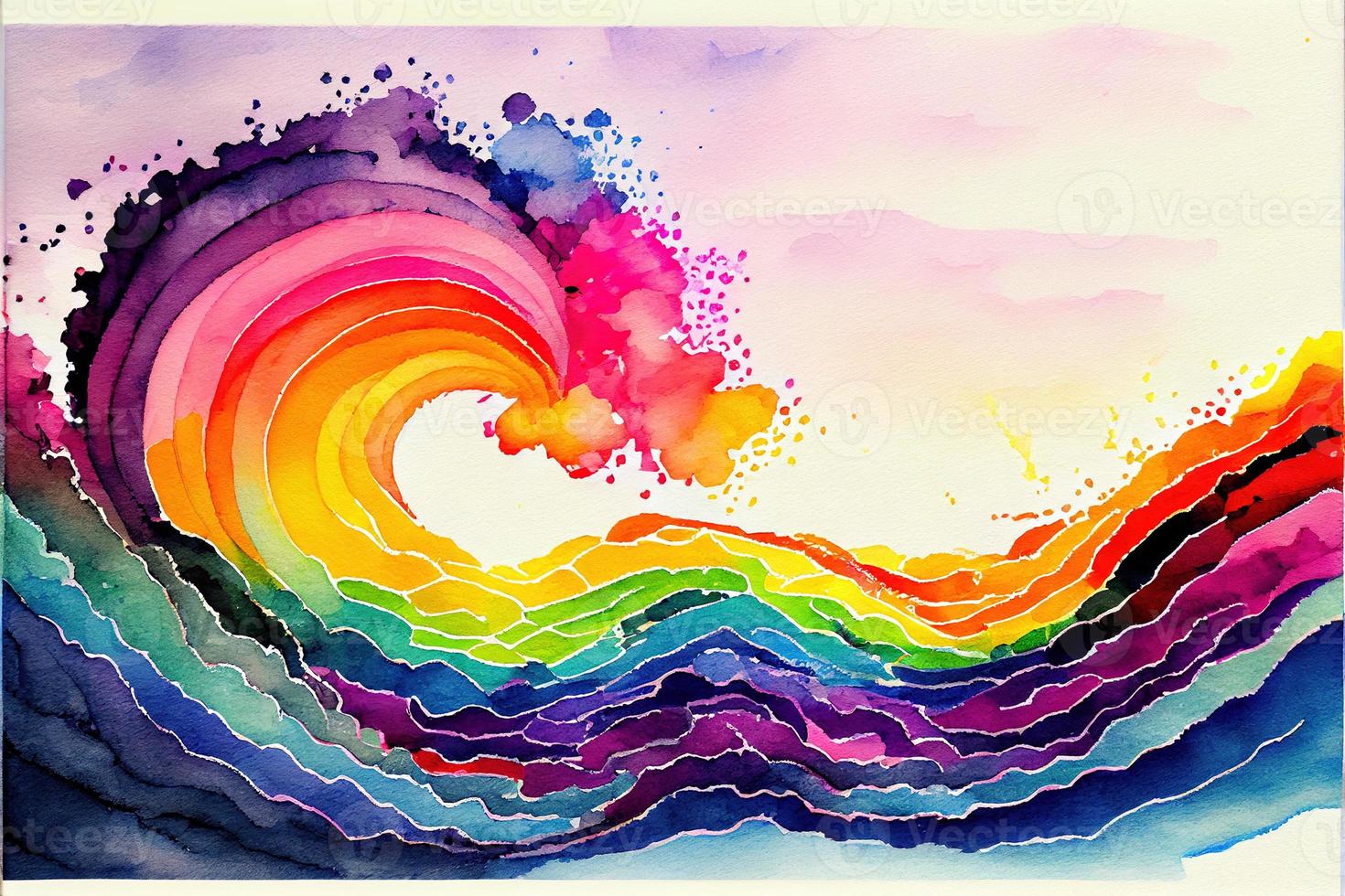 Rainbow wave watercolor background in kid style. photo