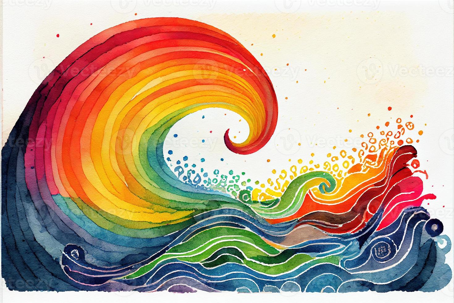 Rainbow wave watercolor background in kid style. photo