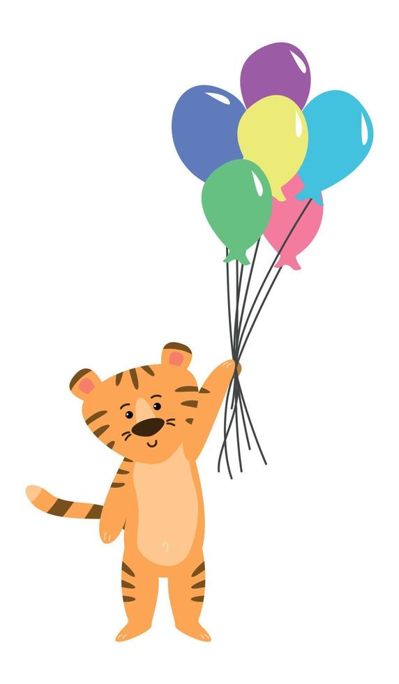 Cute tiger character. Tiger with balloons. Vector illustration