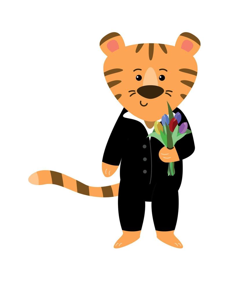 Tiger in a suit with flowers. Vector image