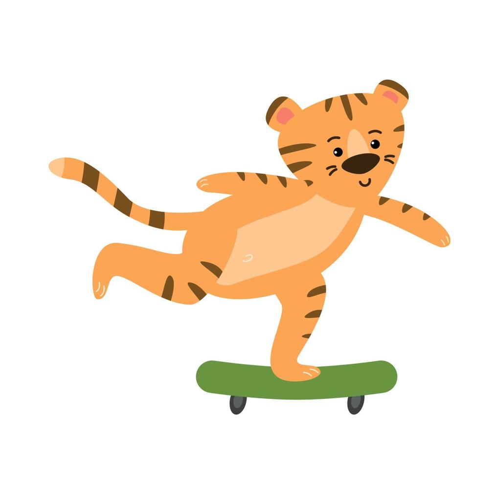 The tiger is riding a skateboard. Vector image.