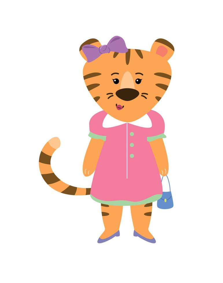 Tigress in a dress with a handbag. Vector image.