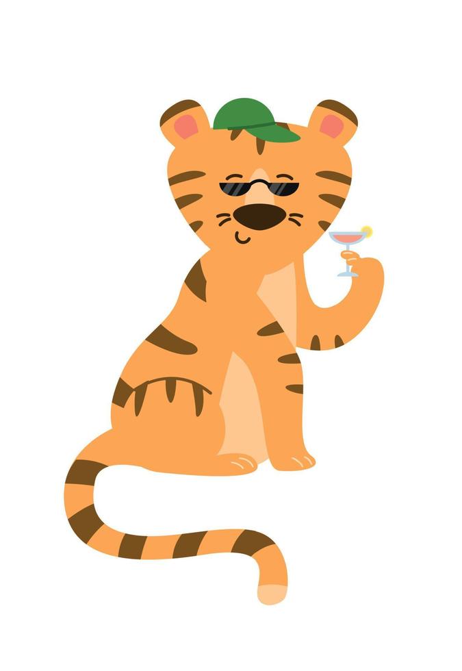 Tiger in sun protection glasses and a cap with a cocktail.Vector image. vector