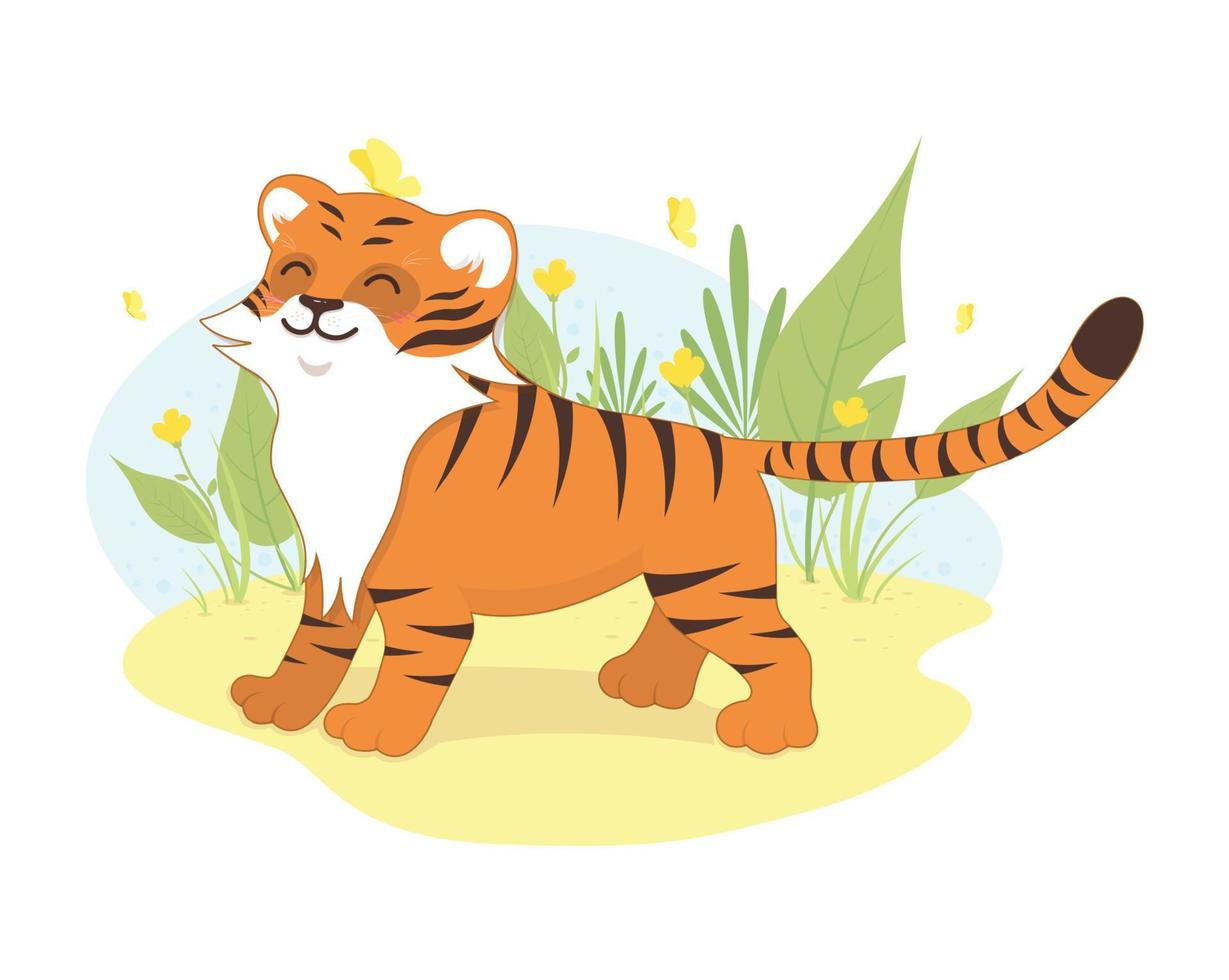 Tiger is standing on the meadow and smiling. Happy wild animal. Vector illustration.