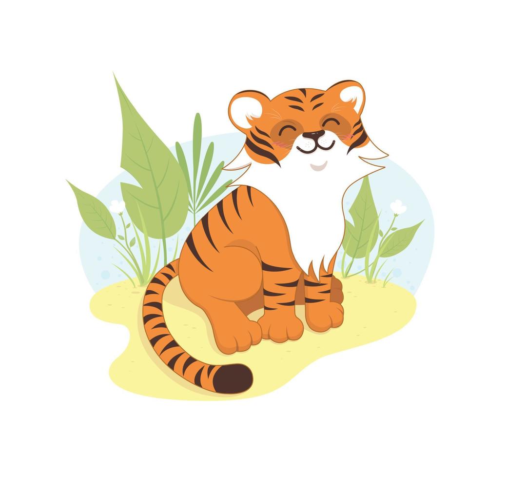 Tiger is sitting on a meadow and smiling. Vector illustration.