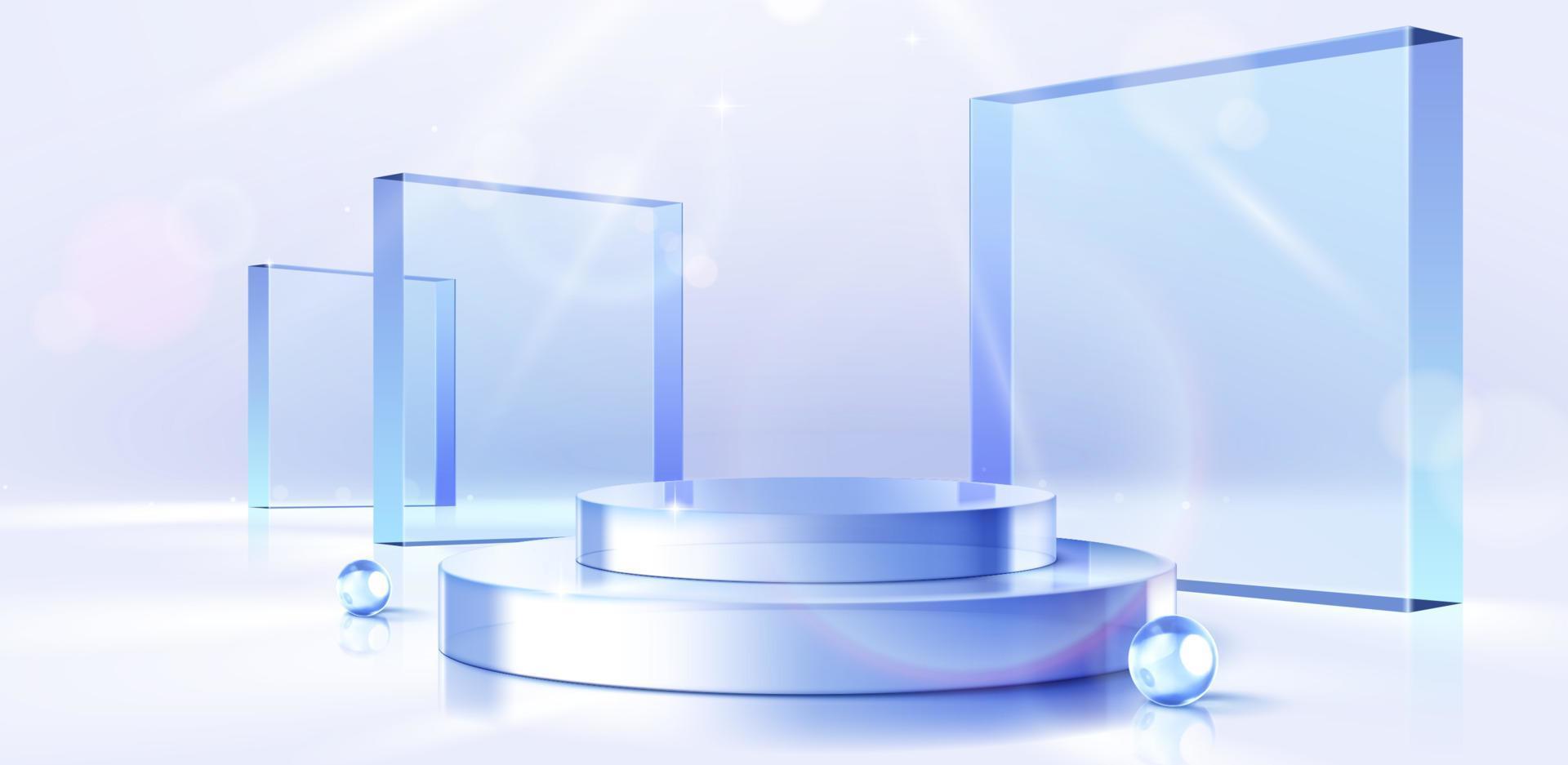 3D Glass display scene composed of transparent cuboids, crystal balls and round podiums. Beautiful scene design suitable for summer products vector