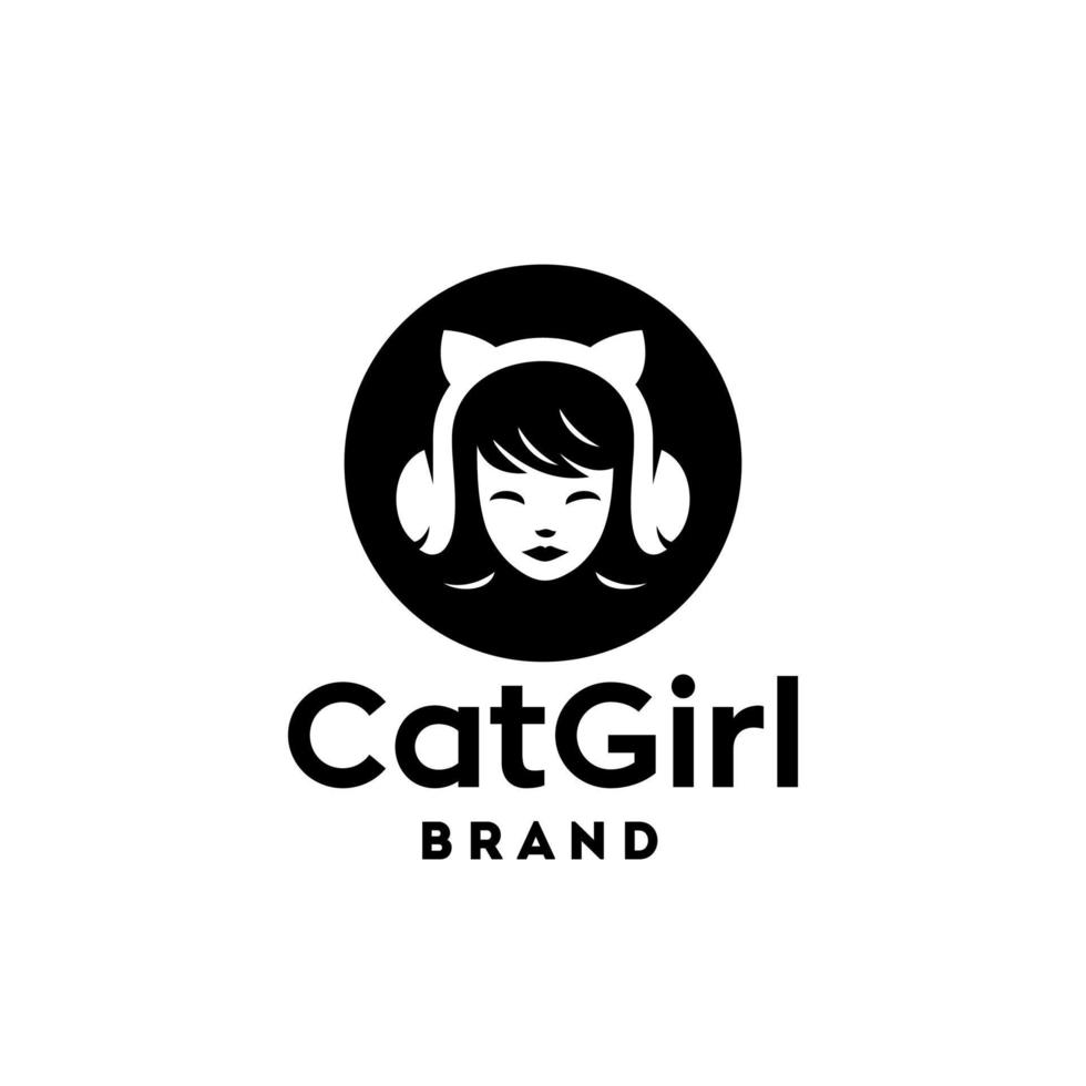 niña con gato venda. linda mujer con un gato gatito oído accesorios o auricular logo vector ilustración mascota.