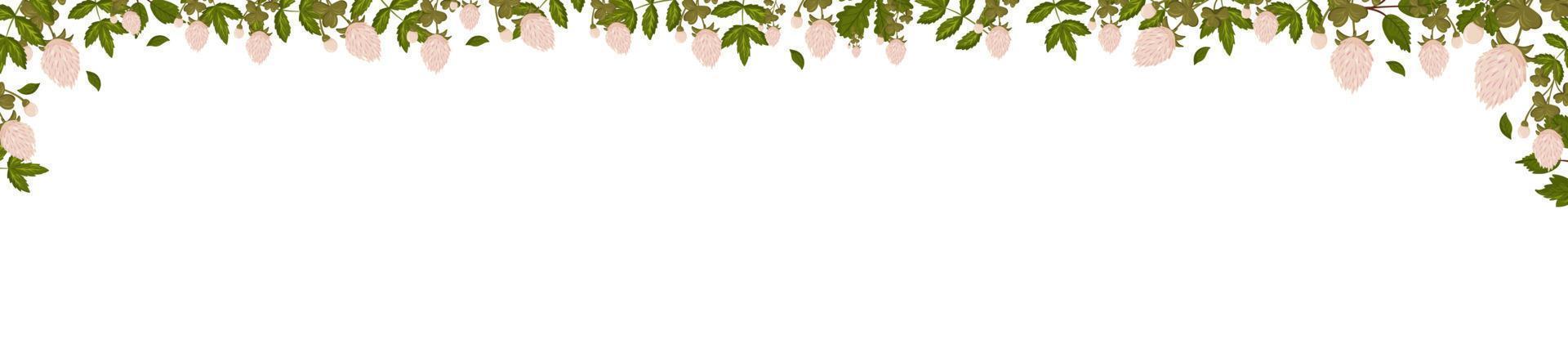 Spring horizontal frame with clover flowers, shamrock and leaves. Summer vector banner i