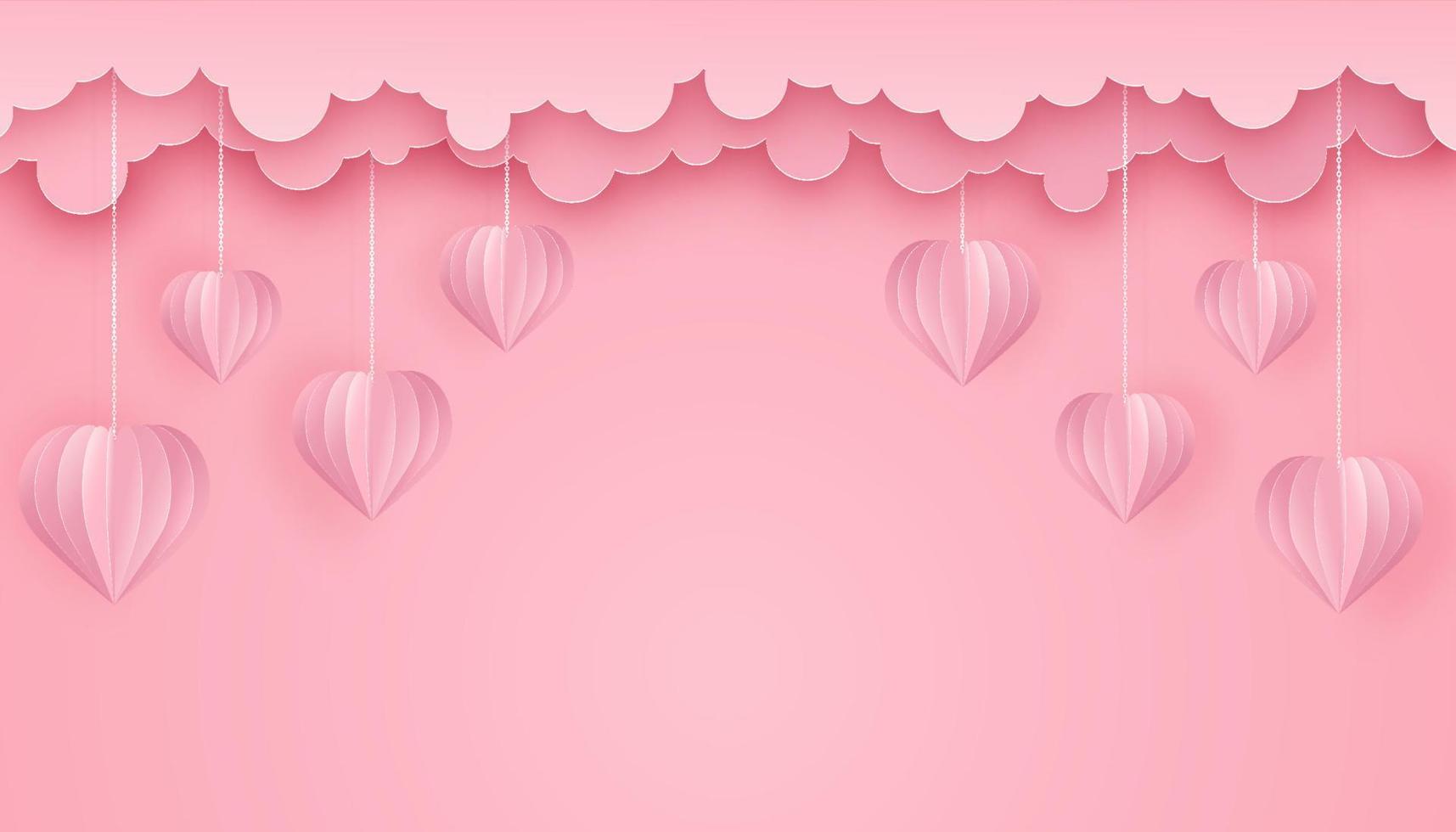 Paper art and craft style background with hearts and clouds. vector