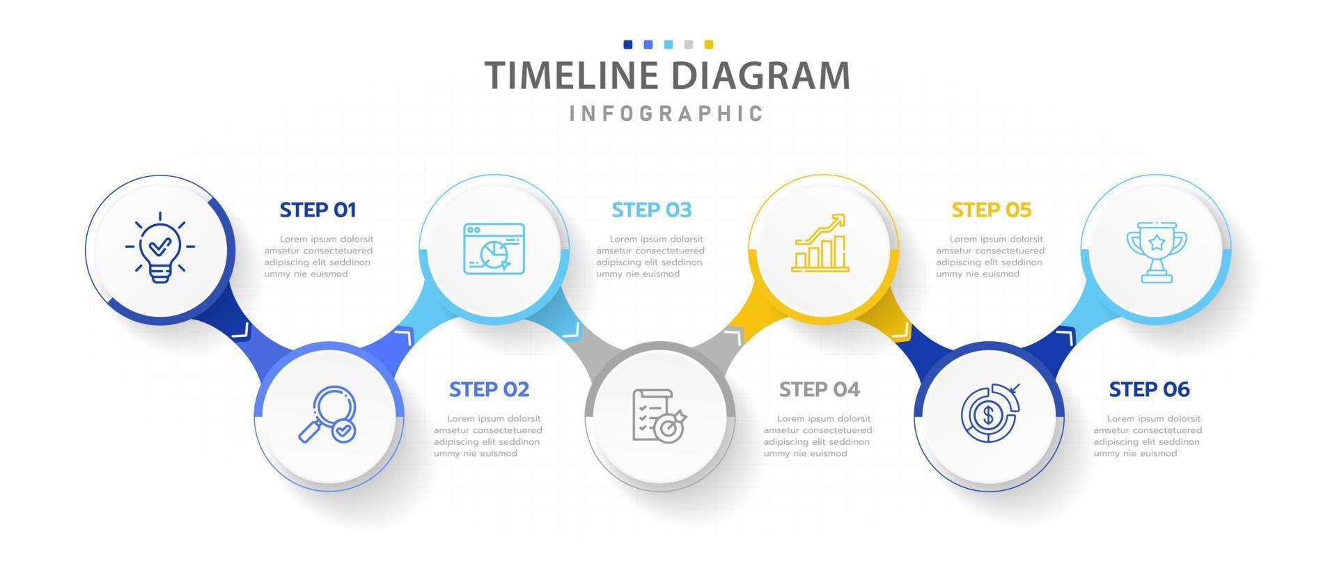 Infographic template for business. 6 Steps Modern Timeline diagram roadmap with connected path circles, presentation vector infographic.