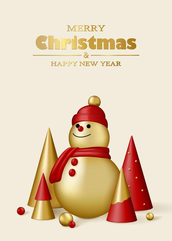 alegre Navidad y contento nuevo año tarjeta. rojo y oro 3d objetos. Navidad árbol y muñeco de nieve. vector