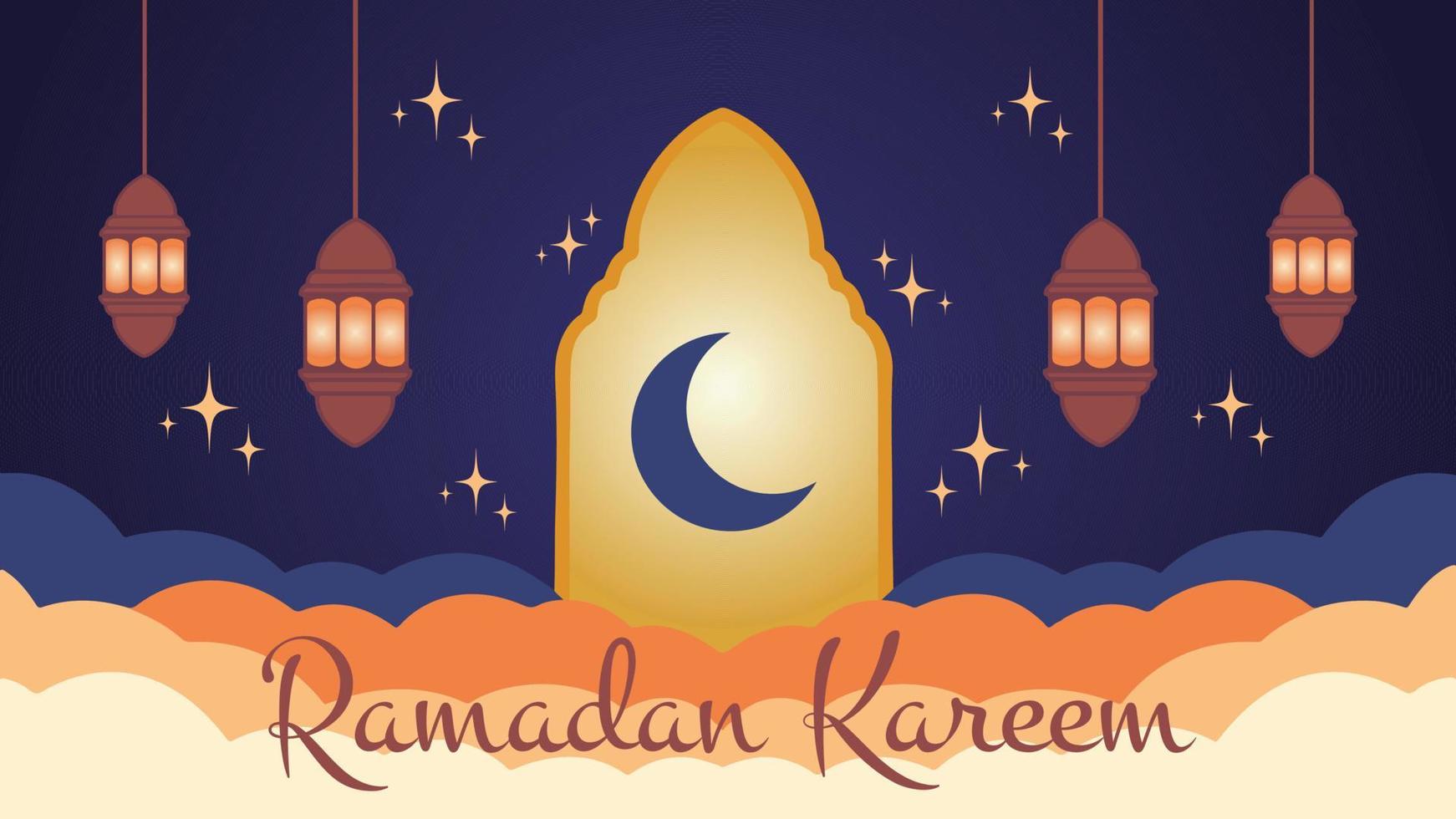 RAMADAN KAREEM WITH STARRY NIGHT SKY is a vector illustration that shows the atmosphere starry night sky there are also lanterns on the right and left of the gate of the mosque.