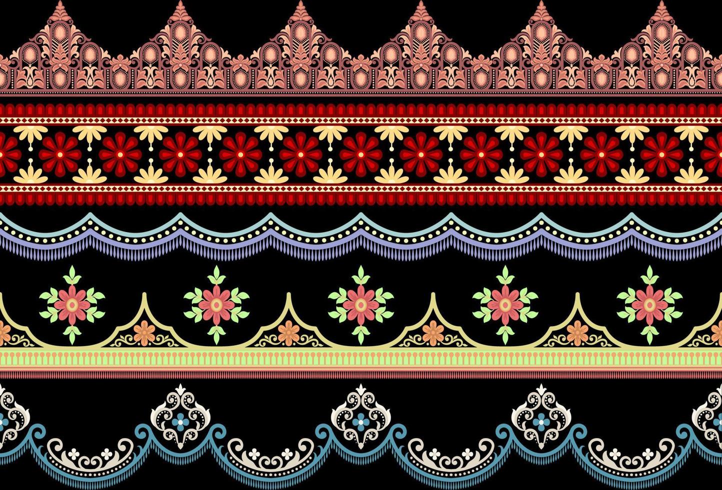 Set 5 Ethnic Seamless borders and flower ornament, motif draws working illustration flowers and  ornament motif India design elements Neckline pattern or, repeat the floral texture vector
