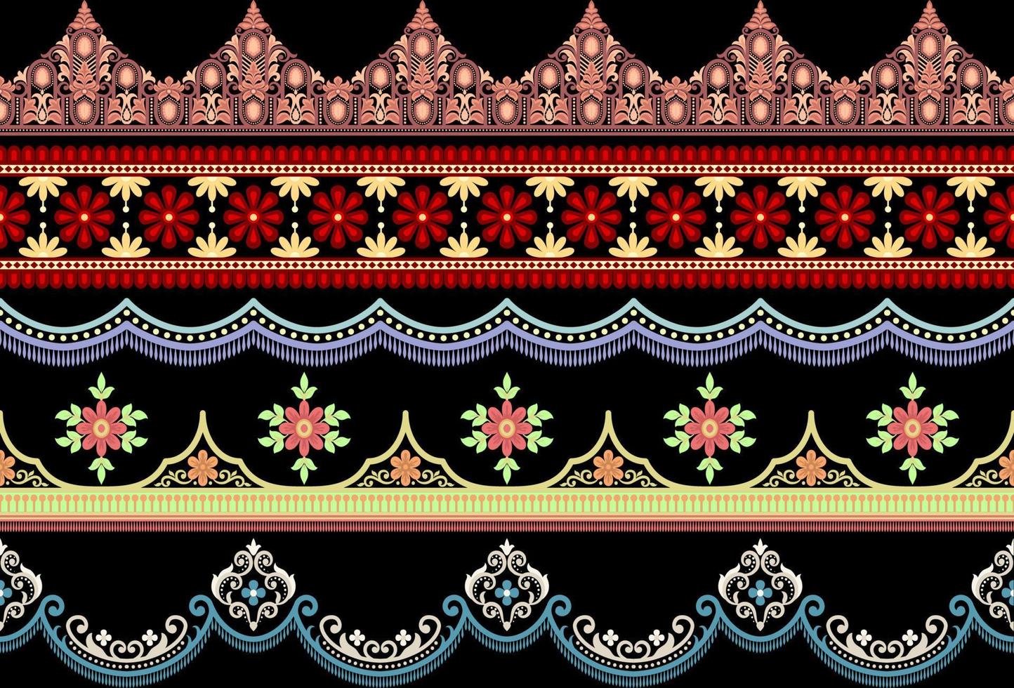 Set 5 Ethnic Seamless borders and flower ornament, motif draws working illustration flowers and  ornament motif India design elements Neckline pattern or, repeat the floral texture vector