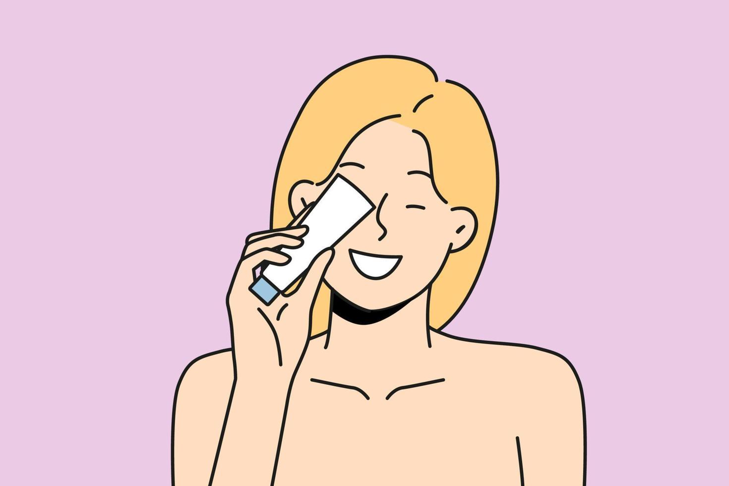 sonriente desnudo mujer con belleza producto botella recomendar artículo. contento hembra cliente espectáculo recomendar productos cosméticos. vector ilustración.