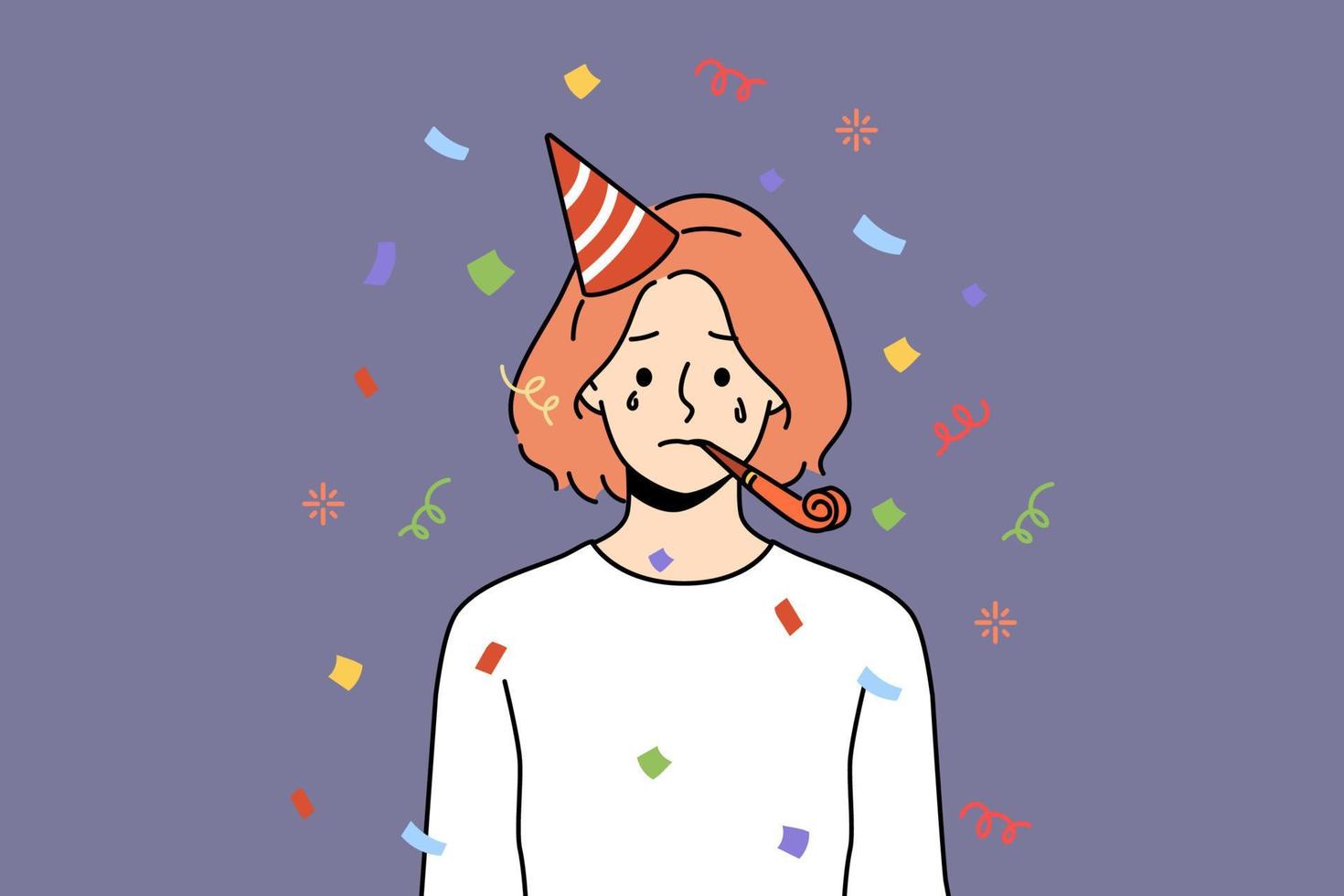 Unhappy woman in birthday hat blow in whistle celebrate anniversary alone. Upset girl feel lonely and abandoned at party celebration. Vector illustration.