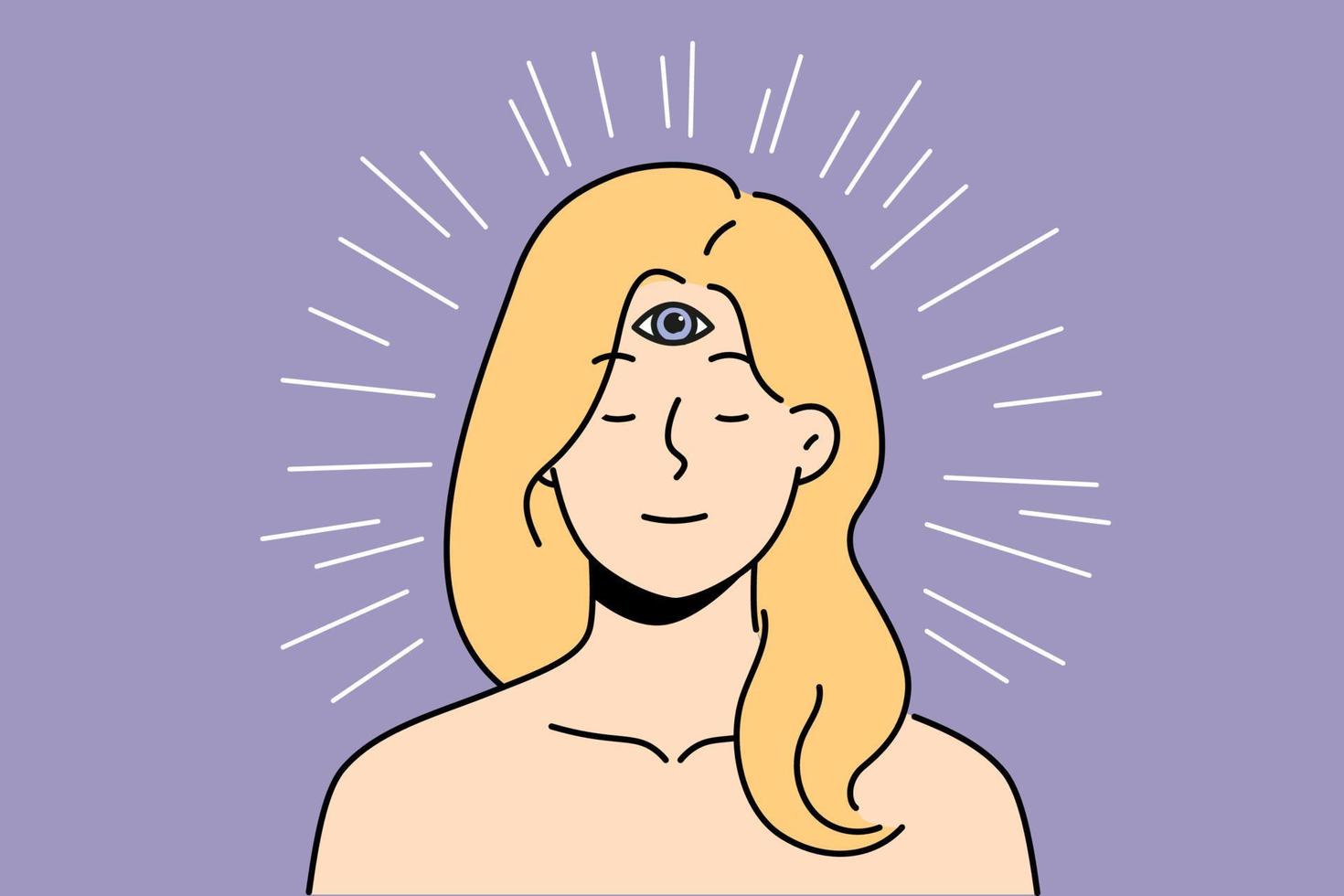 Calm woman with third eye on forehead use intuition for decision making. Girl psychic think with mind and heart. Spirituality and esotericism. Vector illustration.