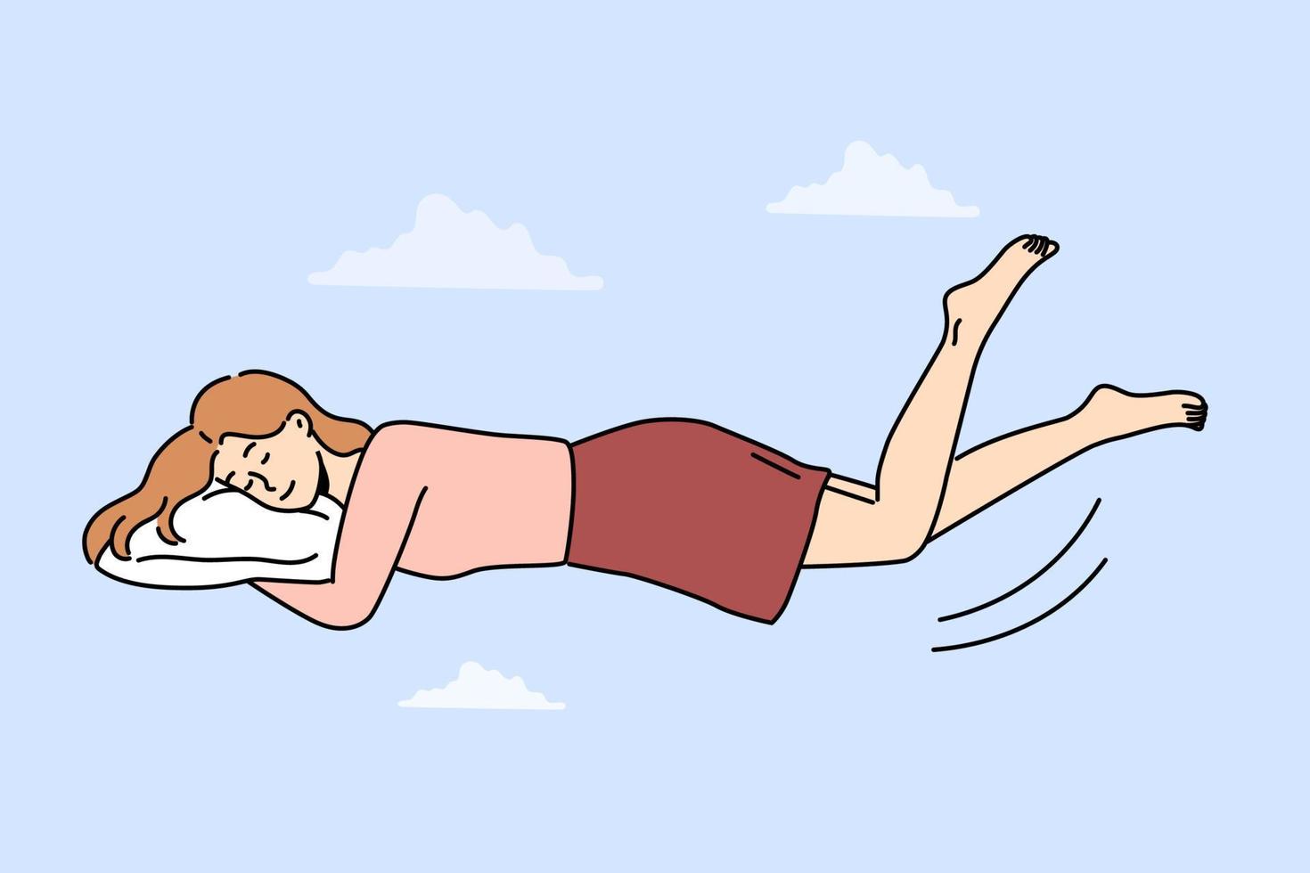 Happy woman lying on pillow levitate in air enjoy dreaming or relaxing. Calm girl sleep see dreams. Relaxation and fatigue. Vector illustration.