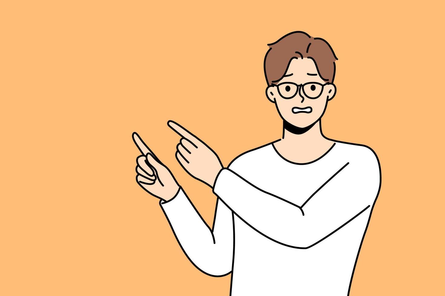 Frustrated man point with finger at empty advertising space. Confused unhappy guy recommend deal or offer feel awkward. Vector illustration.