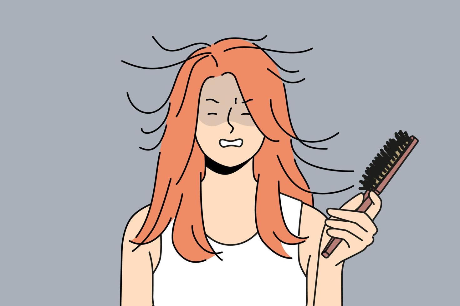 Unhappy woman holding hairbrush in hands struggle with static hair. Upset angry girl have static hairstyle. Vector illustration.