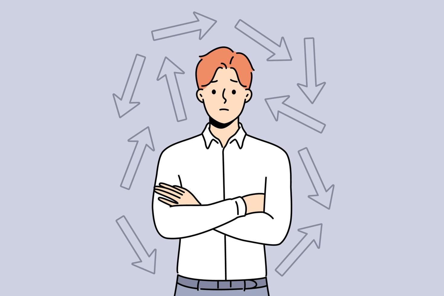 Confused businessman surrounded with numerous arrows facing different directions. Frustrated man think of what way to choose make decision. Dilemma. Vector illustration.