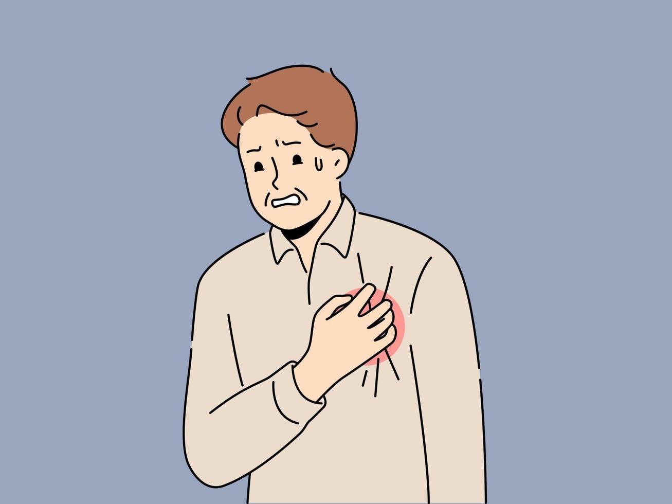 indispuesto hombre toque cofre sufrir desde corazón ataque. enfermo masculino dificil con cardiovascular enfermedad o miocárdico infarto. cuidado de la salud y cardiología. vector ilustración.