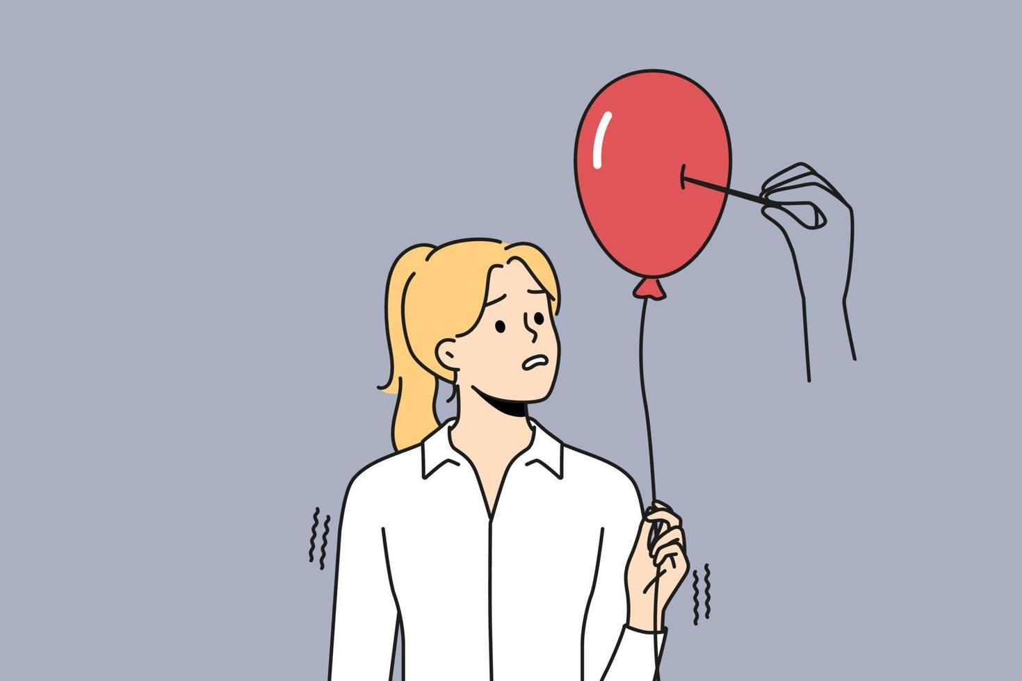 Huge hand pierce balloon with needle. Stressed female employee overwhelmed with work and burnout. Concept of dreams and illusion falling apart. Vector illustration.