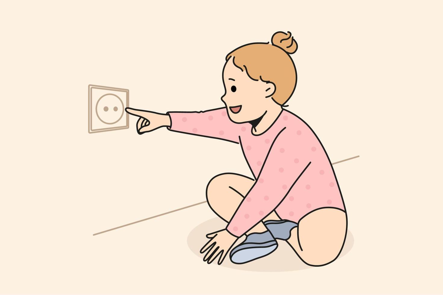 Happy cute girl child stretch finger to electrical socket at home. Smiling kid play with dangerous electricity outlet in apartment. Children and danger. Vector illustration.