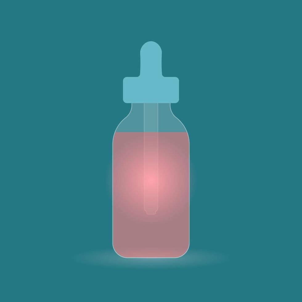 Medical bottle with a pipette on a blue-green background. Glassmorphism style vector illustration