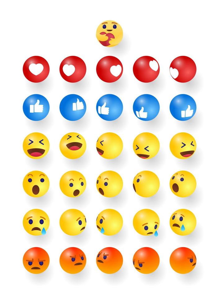 High quality 3d vector set round cartoon bubble Emoji emoticons for social media reactions, iface tear, smile, sad, love, like, Lol, laughter character.