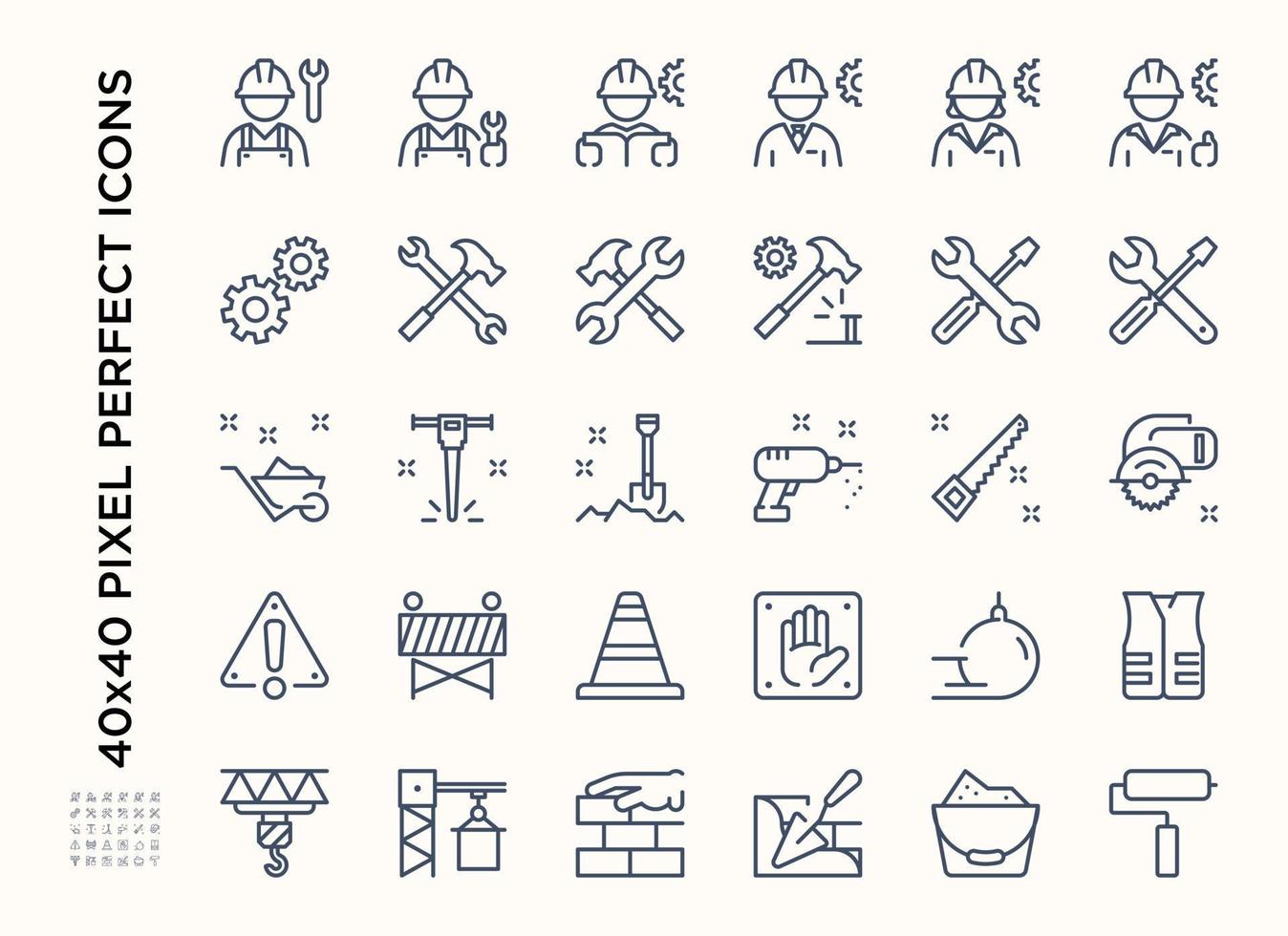 Simple set of Construction icon set. Contains such Icons as Builders, Building tools, Building signage, Building work. Editable stroke vector