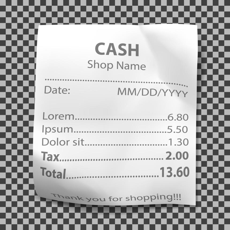 Realistic shop receipt, paper payment bill vector